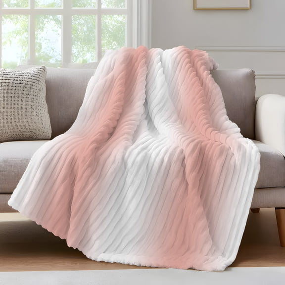 Pink White Ombre Throw Blanket for Couch Gradient Color Soft and Warm Flannel 3D Striped Fluffy Fuzzy Fleece Blanket Lightweight Throw for Bed, Sofa 30 x 40 Inches