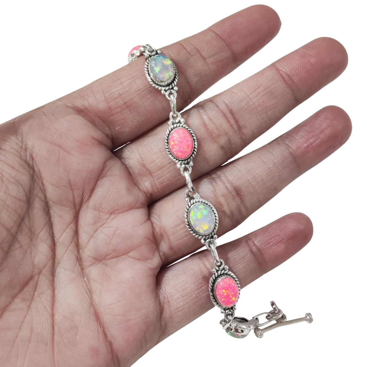 Pink White Opal Bracelet, Natural Opal Bracelet, October