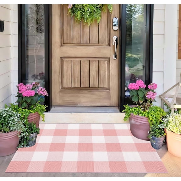 Pink and White Outdoor Rug 24''x35'' Buffalo Plaid Porch Mat Cotton Woven Machine Washable Carpet for Layered Doormat Hello/Welcome Door Mat,Kitchen,Farmhouse,Entryway