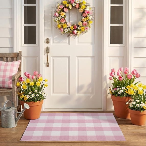 Pink and White Outdoor Rug 24x35 Inch, Buffalo Plaid Checked Cotton Woven Washable Doormat, Farmhouse Layering Rug for Front Porch Entryway, Welcome Mat for Dining Room Bedroom Living Room