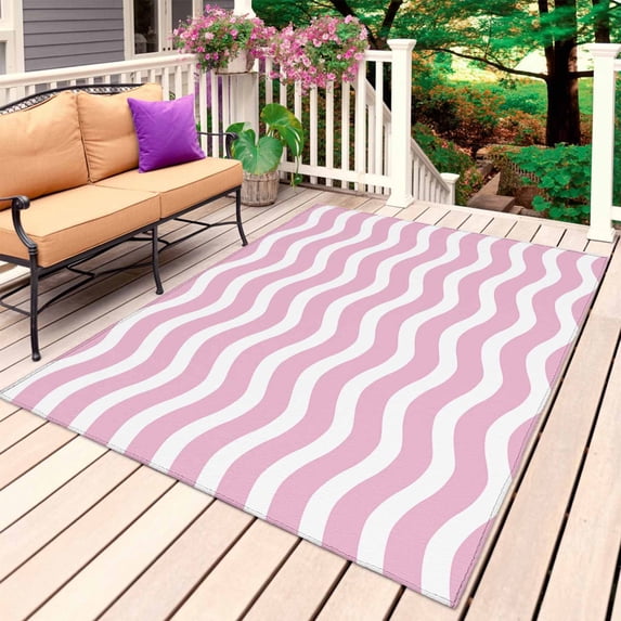 Pink White Outdoor Rug 6x9 Ft, Non Slip Washable Area Rug, Modern Abstract Waves Water Ripple Striped Patio Rugs Carpet Runner, Large Floor Mat for Indoor/Outdoor Deck Porch Camping
