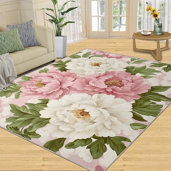 Pink and White Peony Rug, Rugs for Bathroom, Delicate Petals Rug - Home Decor, Flowers Area Rug, Emerald Green Leaves Rugs for Bedroom, Clusters of Flowers Carpet, Fashion Mat 3 x 5ft