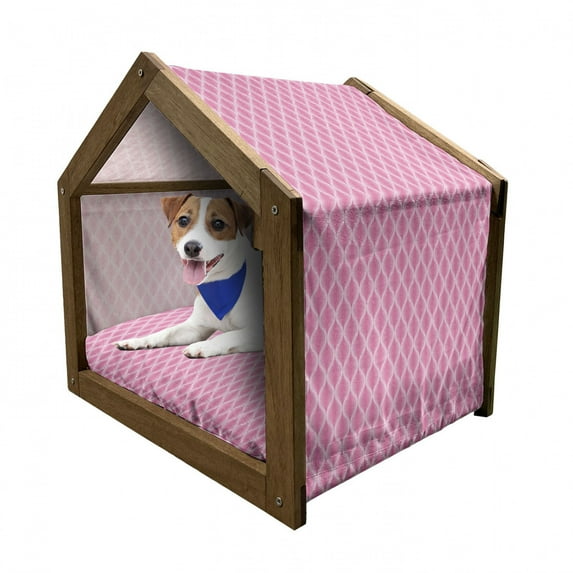 Pink and White Pet House, Pastel Ogee Motifs with Curved Stripes Abstract Design, Outdoor & Indoor Portable Dog Kennel with Pillow and Cover, 5 Sizes, Pink Pale Pink and White, by Ambesonne