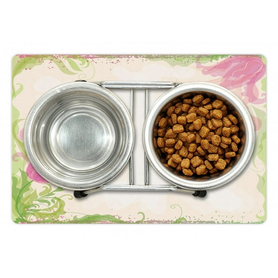 Pink and White Pet Mat for Food and Water, Pastel Colored Springtime Frame with Hand Drawn Tulip and Green Leaves, Non-Slip Rubber Mat for Dogs and Cats, 18" X 12", by Ambesonne