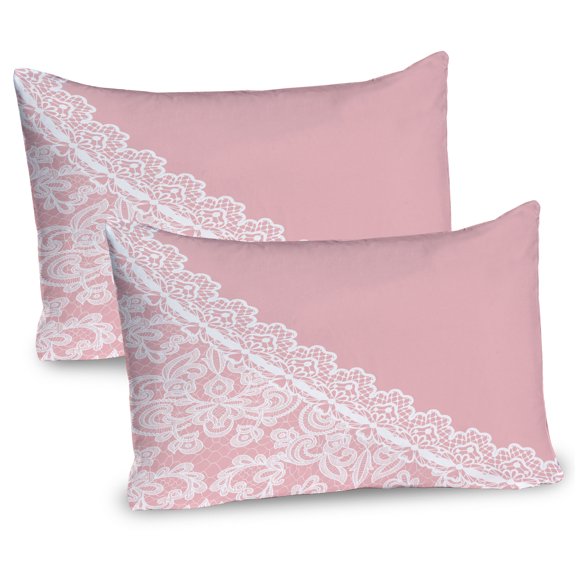 Pink and White Pillow Sham Set of 2, Lace Old Fashioned Border on Pink Color Wedding Theme Feminine Print, Quality Microfiber Bedding Item for All Seasons, 26" x 20", Pale Pink White, by Ambesonne