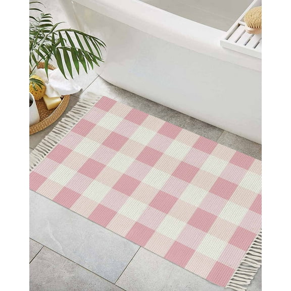 Pink White Plaid Bath Rug 2x3ft Woven Bathroom Entryway Runner Rug,Buffalo Pastoral Check Geometric Farmhosue Washable Living Room Hallway Bedroom Kitchen Carpet with Tassels,Indoor Outdoor Doormat