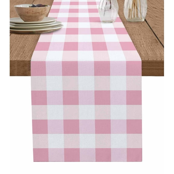 Pink White Plaid Burlap Cotton Table Runner 13x36 Inches Short, Buffalo Pastoral Check Geometric Farmhosue Farmhouse Table Runners, Outdoor Dining Tablecloths Decor for Baby Shower/Party/Wedding