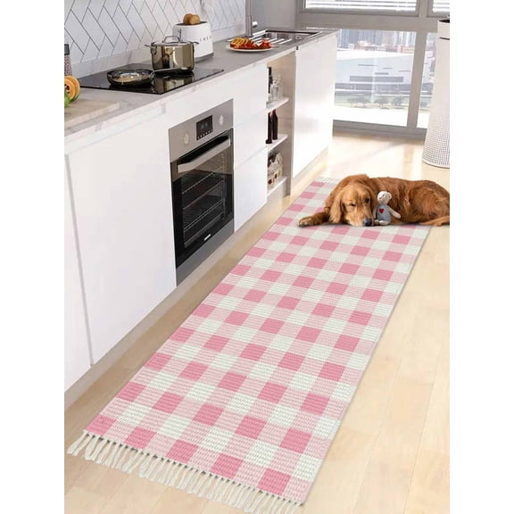 Pink White Plaid,Entryway Runner Rug 2x4ft,Contemporary Simple Buffalo Plaid Check Washable Woven Living Room Hallway Bedroom Kitchen Carpet with Tassels,Indoor Outdoor Throw Door Mat for Entryway