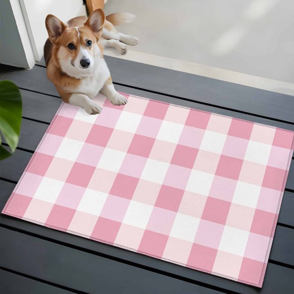 Pink White Plaid Front Door Rugs 2x3 ft Simple Pastoral Texture Small Rug for Entryway Non Slip Washable Bathroom Door Mat Absorbent Floor Mat for Indoor Entrance