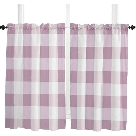Pink White Plaid Kitchen Curtain 84 Inch Length Small Short Cafe Tiers Curtains Drape, Modern Geometric Checkered Lattice Window Treatment Rod Pocket Curtains Drapery Panels, 42x84