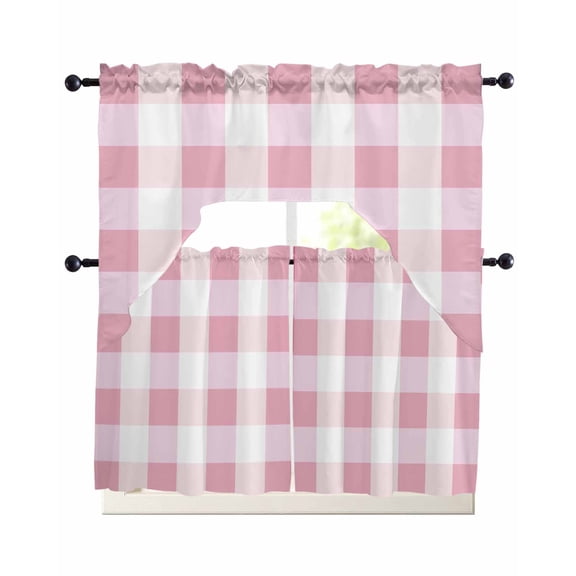 Pink White Plaid Kitchen Curtains Sets 24 Inch Length with Valance, Buffalo Pastoral Check Geometric Farmhosue Swag Valances and Tiers Curtain Set Drapes Swag Curtains for Living Room, Bathroom