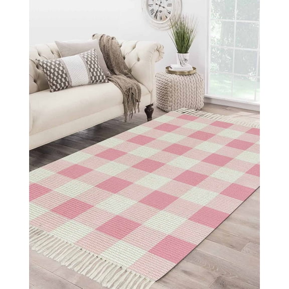 Pink White Plaid,Large Area Rug 4x6ft Woven Runner Rug,Contemporary Simple Buffalo Plaid Check Washable Living Room Bedroom Kitchen Bathroom Classroom Carpet with Tassels,Indoor Outdoor Door Mat