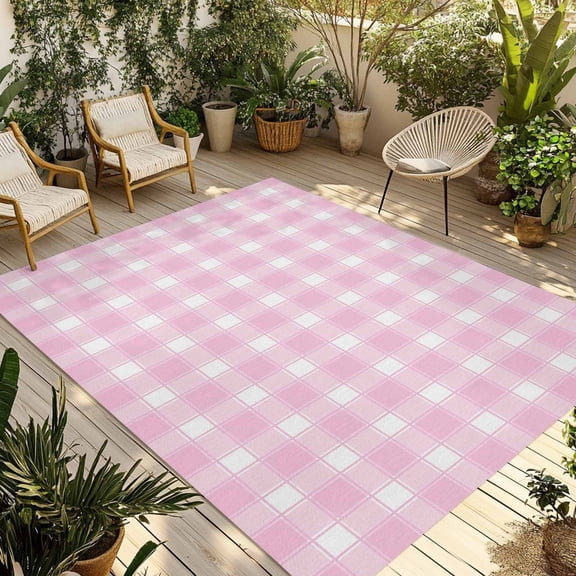 Pink White Plaid Outdoor Rug 4x6 ft Farmhouse Rustic Country Checkerboard Pattern Non Slip Patio Rug Washable Absorbent Large Outdoor Carpet Outside Mat for Porch RV Garden Camping
