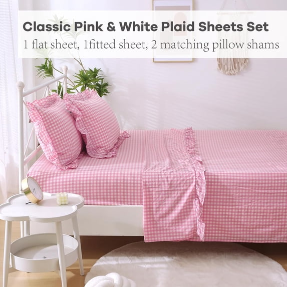 Pink White Plaid Ruffle Sheets Twin Size 4-Piece Set, 300TC Yarn Dyed Cotton Sheets Deep Pocket Farmhouse Gingham Decorative Bed Set (Pink/White Plaid, Twin)
