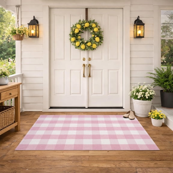 Voguly Pink White Plaid Rug 3x5 Cotton Blend Hand Woven Washable Farmhouse Buffalo Check Layered Front Door Entryway Porch Decor Adult