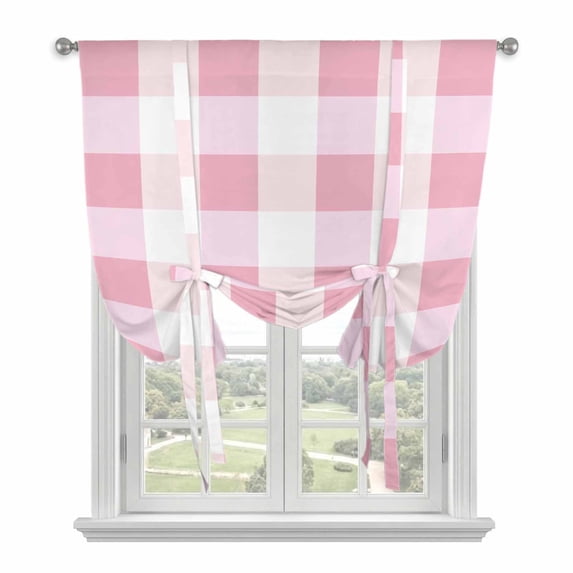 Pink White Plaid Tie Up Curtain 45 Inches Long, Simple Pastoral Texture Balloon Style Kitchen Window Curtain Over Sink, Small Window Rod Pocket Curtain 34"x45"