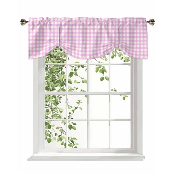 Pink White Plaid Tie Up Valances Curtain, Simple Geometric Pastoral Style Kitchen Valances for Windows Decor, Rod Pocket Short Curtains Set for Bedroom/Bathroom, 54"x18"