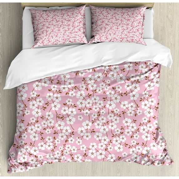 Pink and White Queen Size Duvet Cover Set, Cheery Bedding Plants Bursting out into White Blossoms Calico Style, Decorative 3 Piece Bedding Set with 2 Pillow Shams, Pink Brown White, by Ambesonne