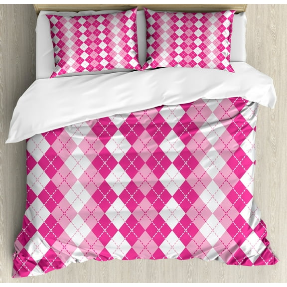 Pink and White Queen Size Duvet Cover Set, Traditional Argyle Design with Rhombuses and Dashed Lines, Decorative 3 Piece Bedding Set with 2 Pillow Shams, Pink Pale Pink and White, by Ambesonne