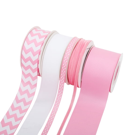 Pink and White Ribbon Assortment Set for Crafts, Gift Wrapping, Hair Bows, Baby Shower Decor, Wreaths and DIY Projects, Chevron, Solid, Polka Dot and Velvet Ribbon Rolls