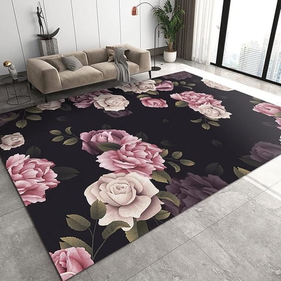 Pink And White Rose Area Rugs, Black Background Plant Leaves Flowers Living Room Carpet, Non-Slip Mat Machine Washable With Backing Apply To Home Decor Bath Mat Hallways 4x6ft