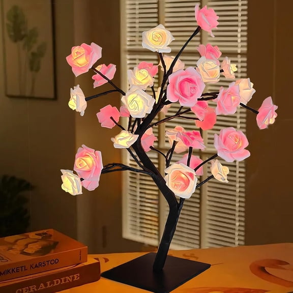 Pink & White Rose Branch Night Light Two-Color Rose Branch Decor Lamp, Creating a Romantic Bedroom/Living Room Ambiance, Also a Creative Gift Table Lamp or Party/Birthday Decoration