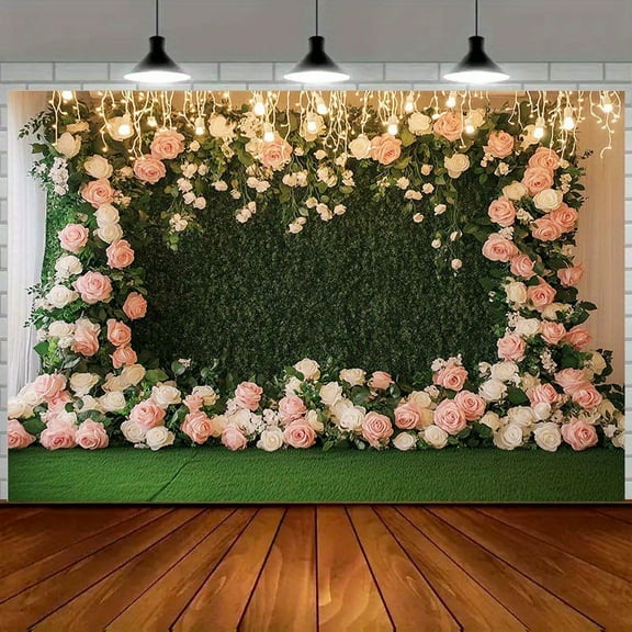 Pink White Rose Floral Backdrop Elegant Curtain Green Leaves Photography Background for Bridal Shower Anniversary Ceremony Party Decor Banner Girls Women Portrait Photo Shoot Props