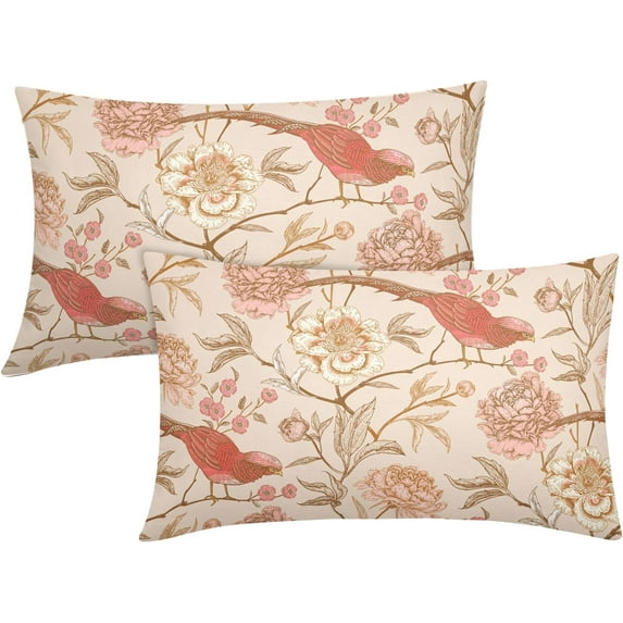 Pink White Roses Floral Lumbar Pillow Covers 12X20 Inch Set of 2Retro Flowers Birds Leaves Decorative Pillow Cases Art Vintage Cotton Linen Cushion Case Home Decor for Sofa Couch Porch Outdoor