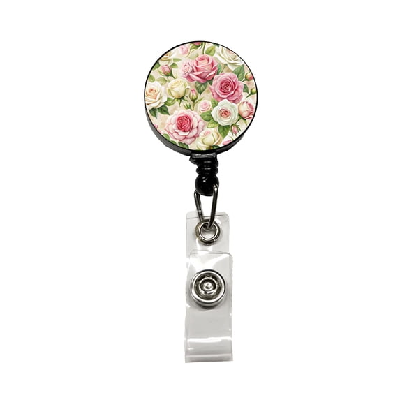 Pink White Roses Flowers Watercolor Retractable Reel ID Badge Key Card Name Tag Holder with Clip