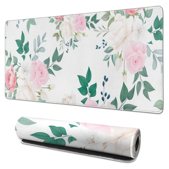 Pink and White Roses Mouse Pads Pad Mouse Waterproof Washable for Office Home Work Gaming Gifts Tables Mousepads Rubber Base Mousepad with Stitched Edges 35.4x15.7inches