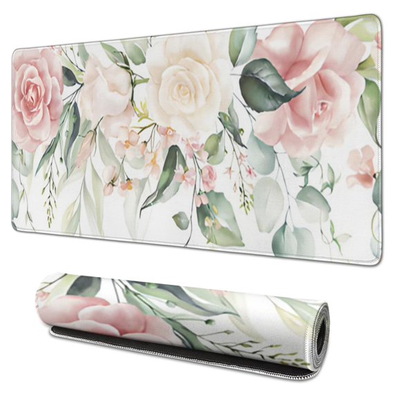 Pink and White Roses Mousepad Gaming Pad Mouse Waterproof No Slip for Office Home Work Gaming Desktop Tables Mousepads Rubber Base Mousepad with Stitched Edges 35.4x15.7inches