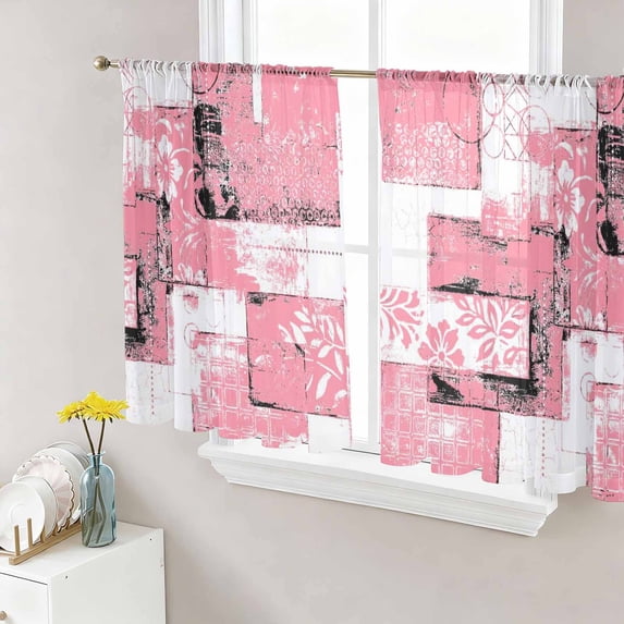 Pink White Sheer Curtains 54 Inch Length 2 Panels Set, Modern Abstract Art Botanical Voile Window Treatment Rod Pocket Short Kitchen Curtains Drapes for Bedroom 52"x54"x2