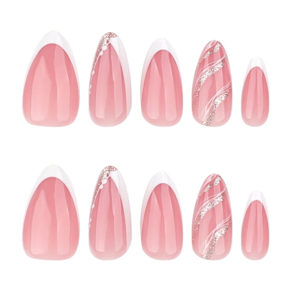 Pink White Silver Press on Nails Short Almond Fake Nails with White French Tip Glitter Wave Designs Full Cover Adhesive Press Ons Polished Acrylic False Nails for Women Girls Nail Tips 24 Pcs