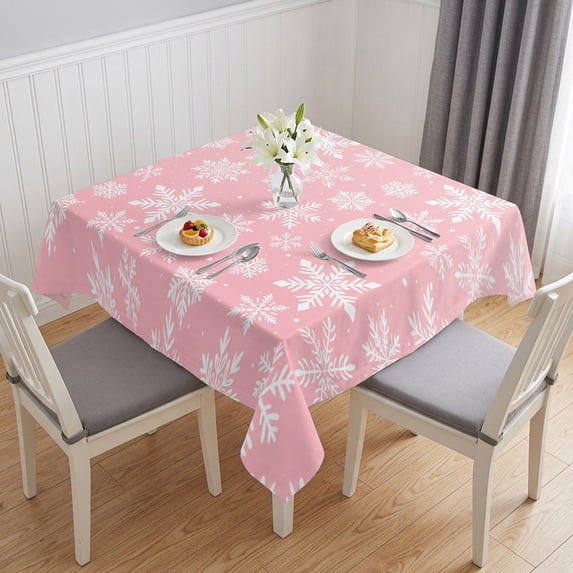 Pink White Snowflake Christmas Table Cloth Waterproof Tablecloths, Winter Xmas Snowflakes Tablecloth Dining Table Cover for Kitchen Party Tabletop Outdoor, Square Tablecloth 54x54 Inch