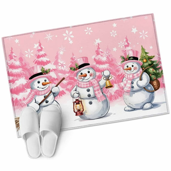 Pink White Snowman Christmas Bathroom Mat 2x3 FT,Non Slip Small Kitchen Mat,Xmas Tree Snowflake Winter Washable Soft Backed Front Door Throw Rug Non-Shedding Indoor Outdoor Doormat for Entryway Sink