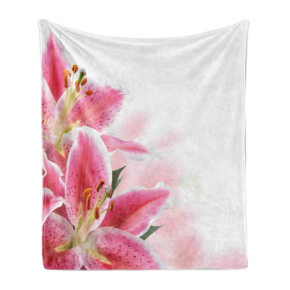 Pink and White Soft Flannel Fleece Blanket, Florist Theme with Lilies Close up a Fresh Bouquet for the Loved Ones, Cozy Plush for Indoor and Outdoor Use, 50" x 60", Pink Orange Green, by Ambesonne