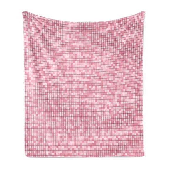 Pink and White Soft Flannel Fleece Blanket, Gingham Style Mosaic Tile in Pink Color Shades Modern Grid with Small Squares, Cozy Plush for Indoor and Outdoor Use, 60" x 80", Pale Pink, by Ambesonne