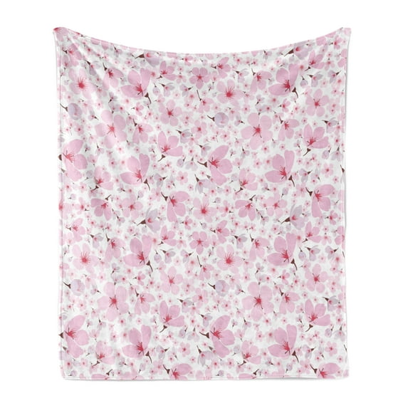 Pink and White Soft Flannel Fleece Blanket, Symbolic Japanese Flowering Cherry Blossom in Random Arrangement, Cozy Plush for Indoor and Outdoor Use, 50" x 60", Rose Burgundy Hot Pink, by Ambesonne