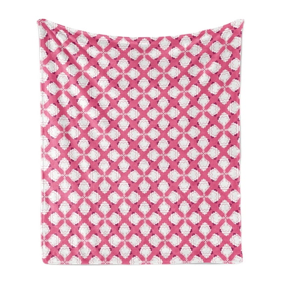 Pink and White Soft Flannel Fleece Blanket, Turkish Inspired Motifs in Pastel Tone Oriental Curves and Flowers, Cozy Plush for Indoor and Outdoor Use, 70" x 90", Pink White Magenta, by Ambesonne