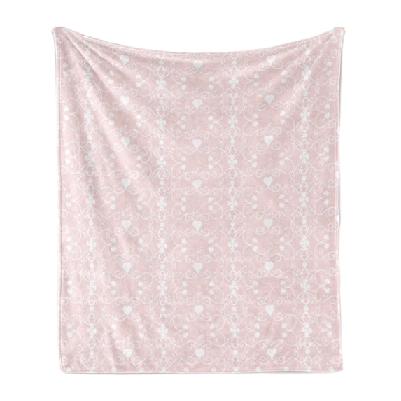 Pink and White Soft Flannel Fleece Blanket, Victorian Style Girly Feminine Pattern with Curly Leaves Hearts and Flowers, Cozy Plush for Indoor and Outdoor Use, 70" x 90", Blush White, by Ambesonne