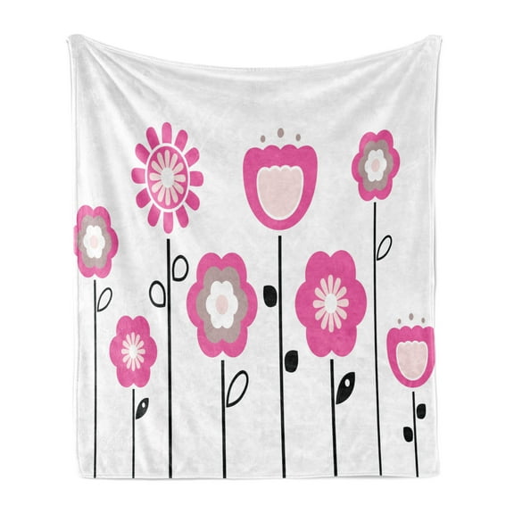 Pink and White Soft Flannel Fleece Throw Blanket, Abstract Flowers on Rural Field Theme Girly Nature, Cozy Plush for Indoor and Outdoor Use, 50" x 60", Pink Tan Black, by Ambesonne