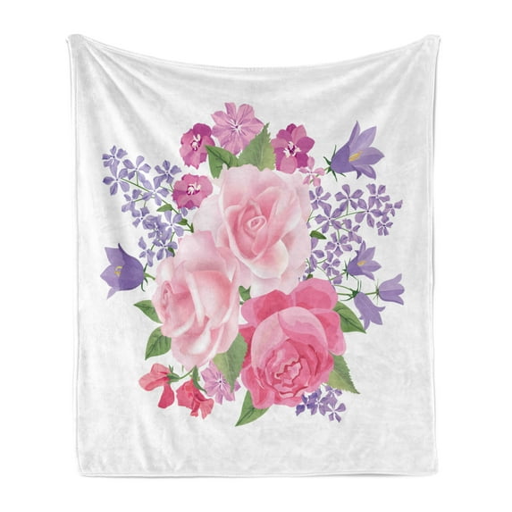 Pink and White Soft Flannel Fleece Throw Blanket, Bridal Bouquet with Booming Flowers Rose Lavender Violet Corsage, Cozy Plush for Indoor and Outdoor Use, 50" x 70", Pink Lavender Green, by Ambesonne
