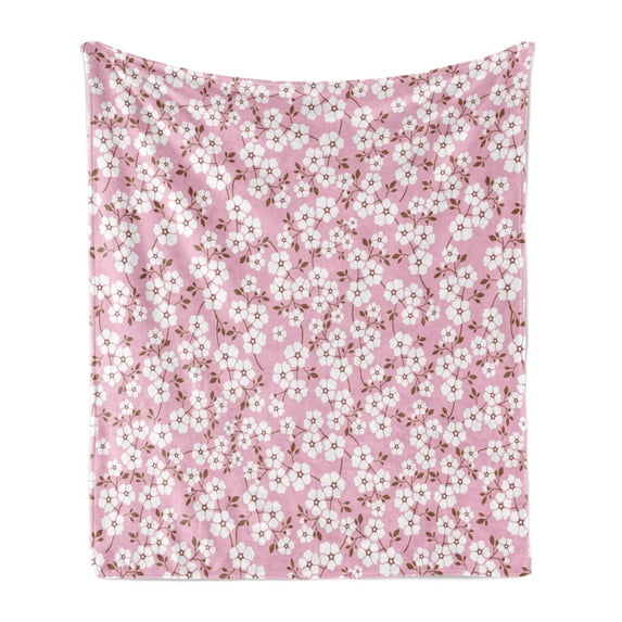Pink and White Soft Flannel Fleece Throw Blanket, Cheery Bedding Plants Bursting out into White Blossoms Calico Style, Cozy Plush for Indoor and Outdoor Use, 50" x 70", Pink Brown White, by Ambesonne