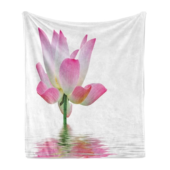 Pink and White Soft Flannel Fleece Throw Blanket, Lotus Flower in Freshwater Aquatic Nature Relaxation and Spa Theme, Cozy Plush for Indoor and Outdoor Use, 50" x 60", Pink White Green, by Ambesonne