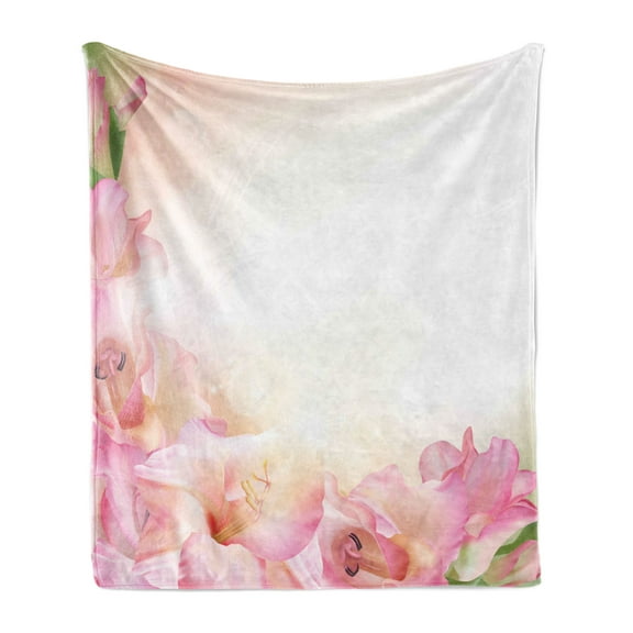 Pink and White Soft Flannel Fleece Throw Blanket, Orchid Blossoms Corner Ornament on a Dreamy Backdrop Floral Fantasy, Cozy Plush for Indoor and Outdoor Use, 50" x 60", Peach Pink Green, by Ambesonne