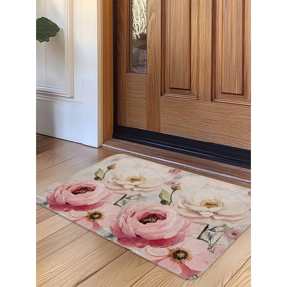 Pink White Spring Floral Door Mat&nbsp;Indoor Outdoor Entrance, Non Slip Small Rug for Kitchen Bathroom Entryway Rug, Vintage Flowers Watercolor Washable Doormat Floor Mat 16x24 Inch