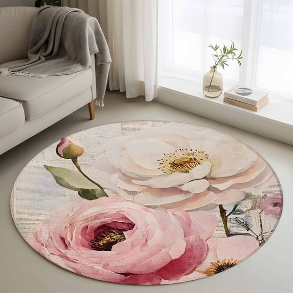 Pink White Spring Floral Round Area Rug 3 FT, Small Kitchen Bathroom Mats, Vintage Flowers Watercolor Washable Indoor Outdoor Throw Runner Carpet Non-Shedding Doormat for Table Shower Sofa Entryway