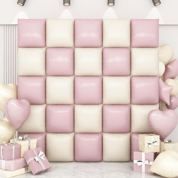 Pink White Square Foil Balloon Wall,25Pcs Baby Pink Cream White Double Sided Foil Balloons Backdrop Helium Polyester Tunnel Arch Garland Kit for Birthday Anniversary Baby Shower Party Decorations
