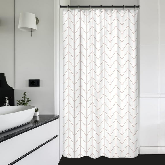 Pink White Stall Small Chevron Shower Curtain 36Wx72H Inch Half Size Dorm Rv Camper Herringbone Striped Geometric Narrow Tiny Single Decor Fabric Bathroom Set Polyester Waterproof
