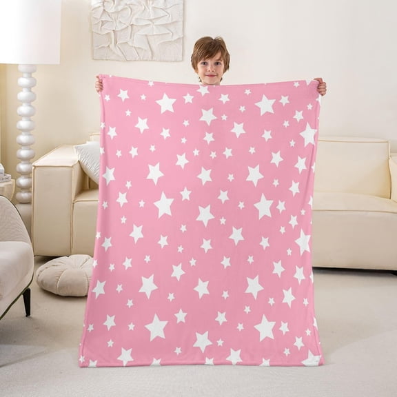 Pink White Star Pattern Print Throw Blanket Soft Flannel Decorative Blanket For Sofa Bedroom Couch Travel